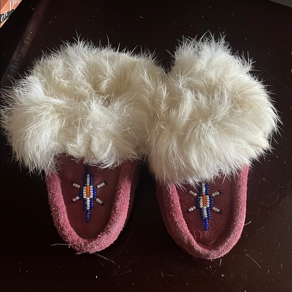 Pink and White Fluffy Trim Slippers - Picture 1 of 4